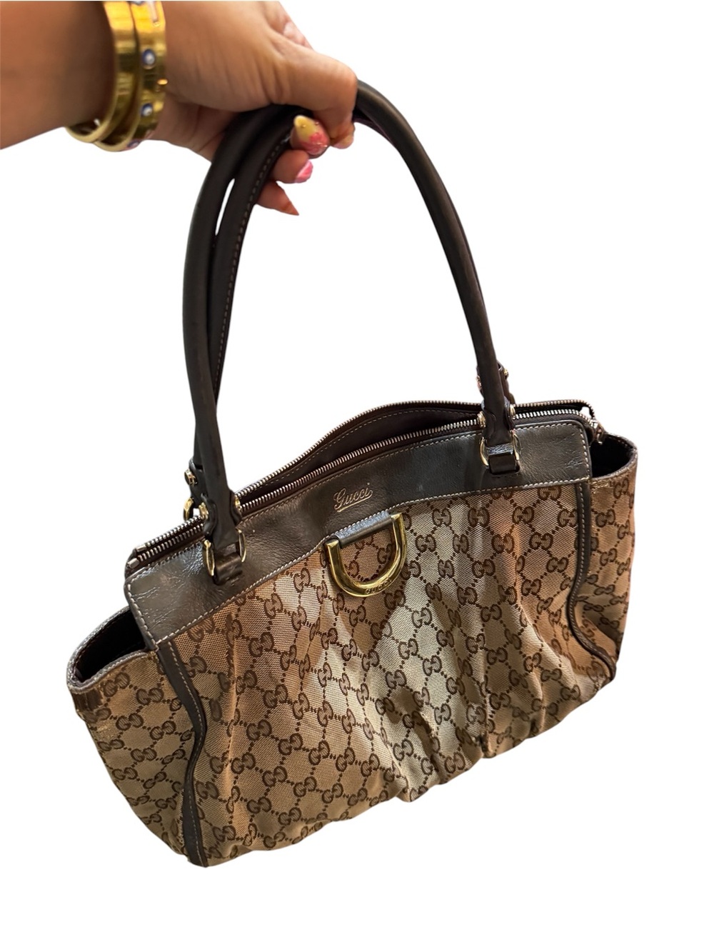 Vintage Gucci Brown Canvas GG Monogram Shoulder Bag with Gold Hardware - Picture 6 of 13